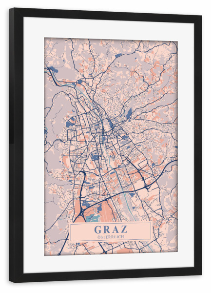 Poster mit Rahmen schwarz "Graz Stadt Map" artboxONE - Städte / Weitere,Kartografie