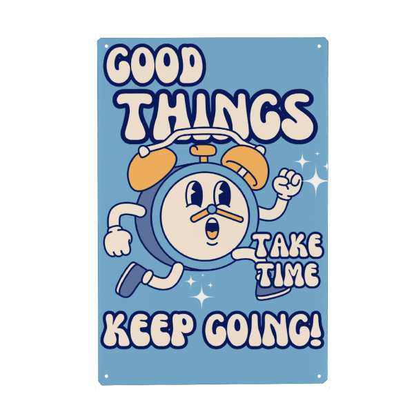 Metall Poster "Cartoon clock" artboxONE - Sport / Motivation - Clock,Retro,Inspiration,Motivation,Carry on,Cartoon,Vintage art,Clock art,Cartoon art