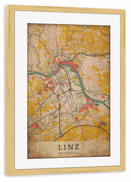Poster mit Rahmen kiefer "Linz Retro City" artboxONE - Städte / Weitere,Kartografie
