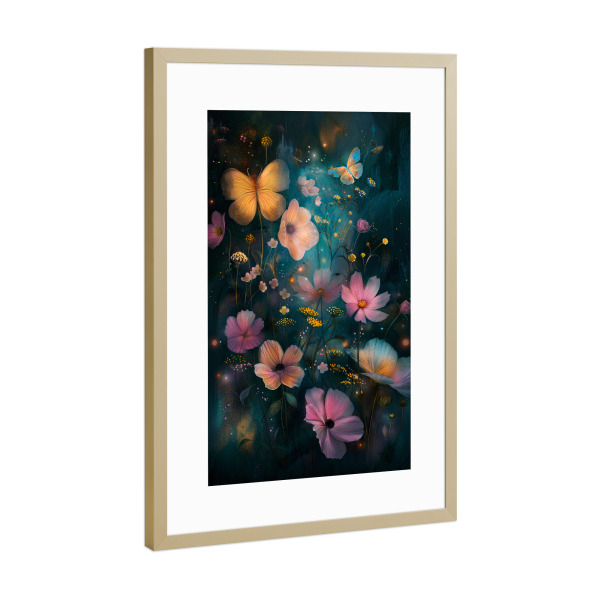 Poster mit Rahmen Gold "Blumenwiese A (matart)" artboxONE - Natur,Floral - Blumen,Wiese,Garten,Natur,Schmetterling,Modern,Kunst