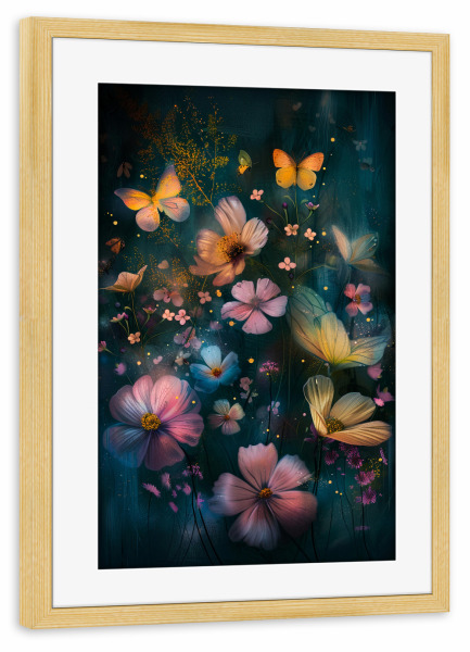 Poster mit Rahmen kiefer "Blumenwiese H (matart)" artboxONE - Natur,Floral - Blumen,Wiese,Garten,Natur,Schmetterling,Modern,Kunst