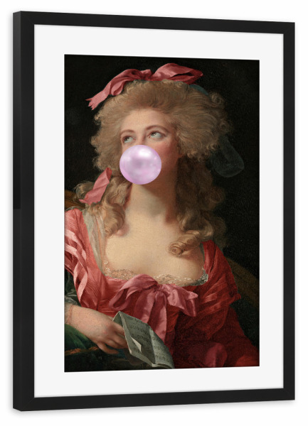 Poster mit Rahmen schwarz "Purpurrote Frau" artboxONE - Menschen - Frau,Kaugummi,Rot,Kleid,Purpurrot,Dame,Herzogin