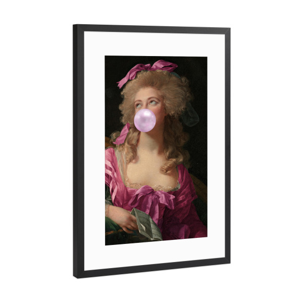 Poster mit Rahmen Schwarz (Metallic) "Rosa Kleid und Kaugummi" artboxONE - Menschen - Rosa,Kaugummi,Kleid,Frau,Barock