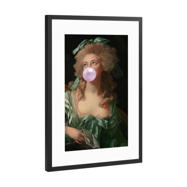 Poster mit Rahmen Schwarz (Metallic) "Madame Green mit Kaugummi" artboxONE - Menschen - Rosa,Grün,Frau,Kaugummi