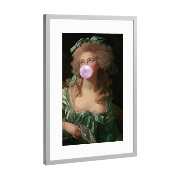 Poster mit Rahmen Silber "Madame Green mit Kaugummi" artboxONE - Menschen - Rosa,Grün,Frau,Kaugummi