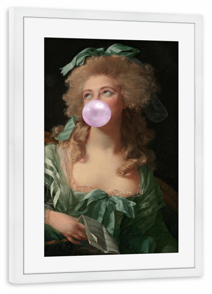 Poster mit Rahmen weiß "Madame Green mit Kaugummi" artboxONE - Menschen - Rosa,Grün,Frau,Kaugummi