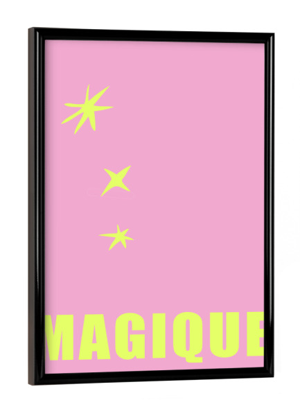 Poster mit schwarzem Rahmen "Magische Sterne" artboxONE - Typografie,Abstrakt,Galaxy - Rosa,Gelb,Sterne,Magique,Typo,Typografie