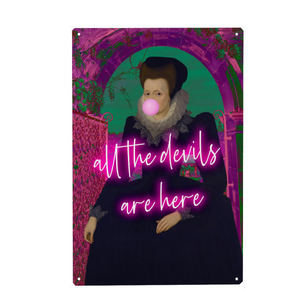 Holzbild "Alle Teufel sind hier" artboxONE - Typografie,Menschen - Rosa,Alle teufel sind hier,Frau,Veränderte kunst,Maximalistisch