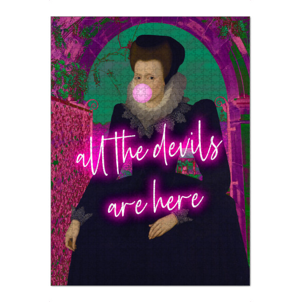 Puzzle Ravensburger "Alle Teufel sind hier" artboxONE - Typografie,Menschen - Rosa,Alle teufel sind hier,Frau,Veränderte kunst,Maximalistisch
