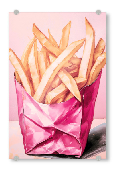 Acrylglasbild "Pommes in rosa Box" artboxONE - Essen & Trinken - Pommes,Essen,Küche,Rosa,Gelb,Kitchenwallart,Restaurant