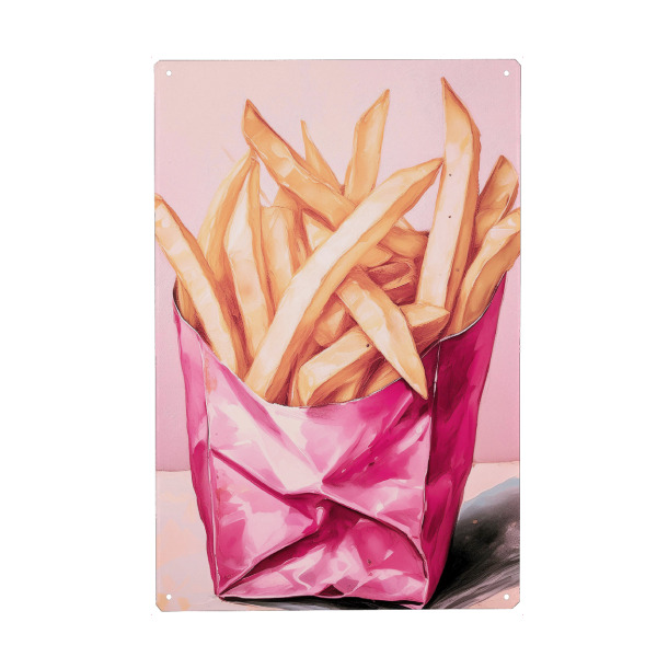 Metall Poster "Pommes in rosa Box" artboxONE - Essen & Trinken - Pommes,Essen,Küche,Rosa,Gelb,Kitchenwallart,Restaurant - Blechschild