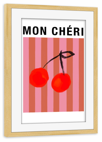 Poster mit Rahmen kiefer "Mon Cheri Stipes" artboxONE - Essen & Trinken,Essen & Trinken / Obst & Gemüse - Moncheri,Streifen,Rosa,Rot,Beige,Küche,Obst