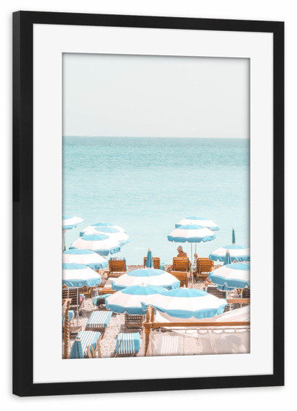 Poster mit Rahmen schwarz "French Riviera Beach" artboxONE - Natur,Reise / Strand und Meer - Sommer,Strand,Blau,Sonnenschirme,Französische riviera