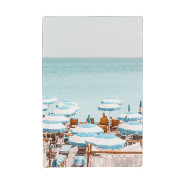 Metall Poster "French Riviera Beach" artboxONE - Natur,Reise / Strand und Meer - Sommer,Strand,Blau,Sonnenschirme,Französische riviera - Blechschild