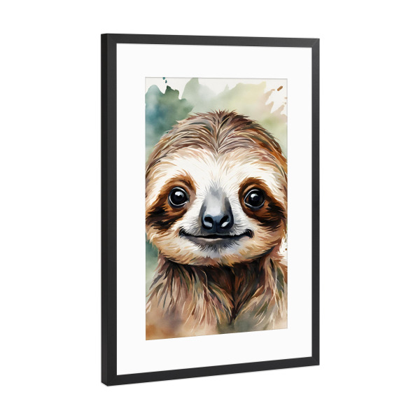 Poster mit Rahmen Schwarz (Metallic) "Kleines Faultier - Aquarell" artboxONE - Für Kinder,Tiere,Lustig