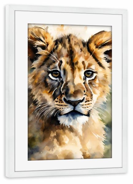 Poster mit Rahmen weiß "Kleiner Löwe - Aquarell" artboxONE - Für Kinder,Tiere,Reise / Afrika