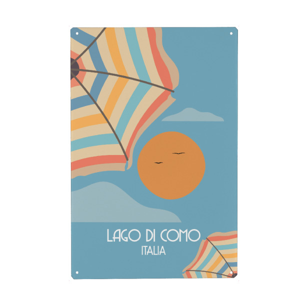 Holzbild "Como - Parasol" artboxONE - Reise / Strand und Meer - Como,See,Sonne,Sonnenschirm,Möwe,Vögel,Bunt,Urlaub,Reise,Entspannung,Minimalistisch