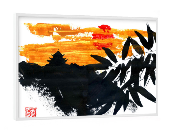 Poster mit weißem Rahmen "Tempel im Sonnenuntergang" artboxONE - Reise / Asien - Sumie,Japan,Tempel,Sonnenuntergang,Sonne,Bambus