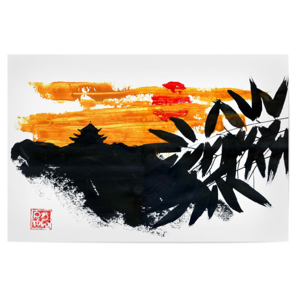 Poster 30x20 cm "Tempel im Sonnenuntergang" artboxONE - Reise / Asien - Sumie,Japan,Tempel,Sonnenuntergang,Sonne,Bambus