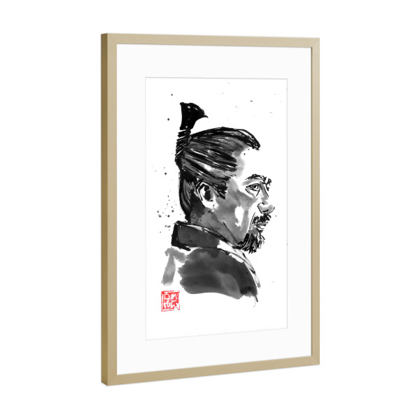 Poster mit Rahmen Gold "Samurai-Profilherr" artboxONE - Schwarzweiß,Reise / Asien,Männer - Samurai,Sumie,Japan