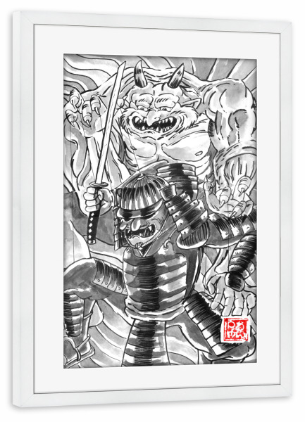 Poster mit Rahmen weiß "Oni-Samurai" artboxONE - Schwarzweiß,Reise / Asien - Sumie,Japan,Oni,Monster,Teufel,Samurai