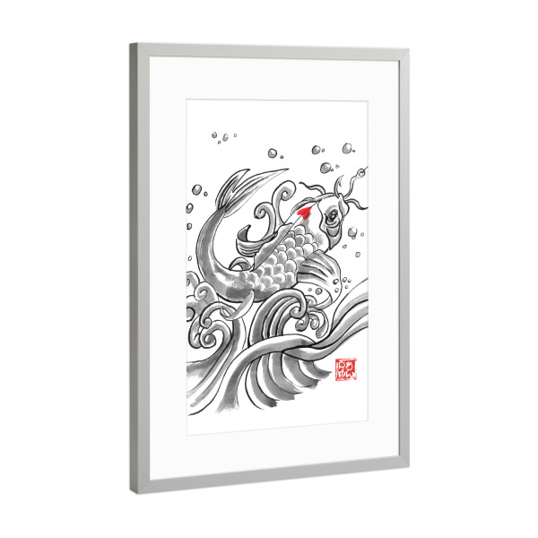 Poster mit Rahmen Silber "Koi geangelt" artboxONE - Tiere,Schwarzweiß,Reise / Asien - Karpfen,Koi,Fisch,Sumie,Haken,Japan
