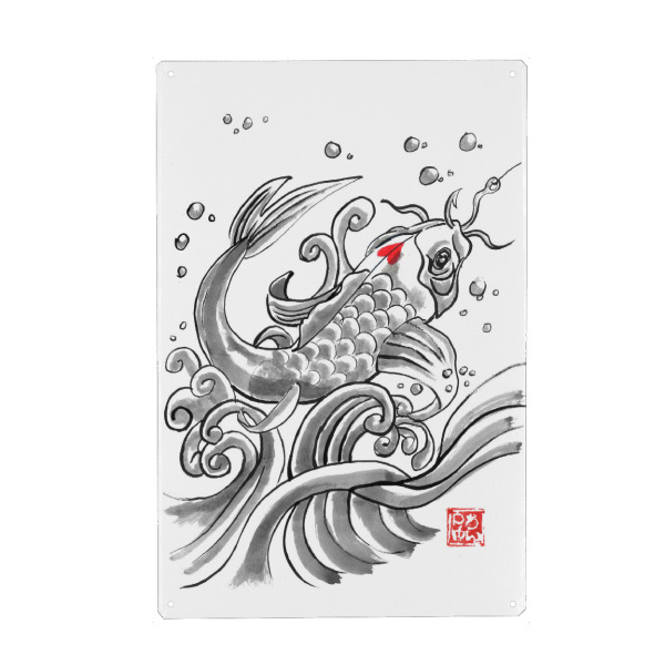 Holzbild "Koi geangelt" artboxONE - Tiere,Schwarzweiß,Reise / Asien - Karpfen,Koi,Fisch,Sumie,Haken,Japan