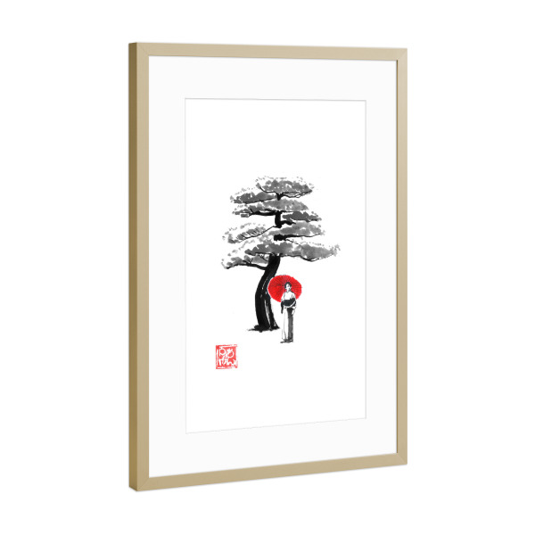 Poster mit Rahmen Gold "Geisha und Baum" artboxONE - Reise / Asien - Geisha,Baum,Regenschirm,Rot,Sumie,Japan