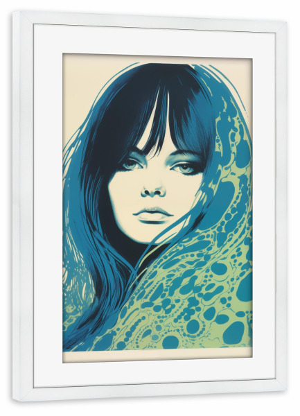 Poster mit Rahmen weiß "Retro Schönheit in Blau und Grün" artboxONE - Abstrakt,Menschen,Fashion