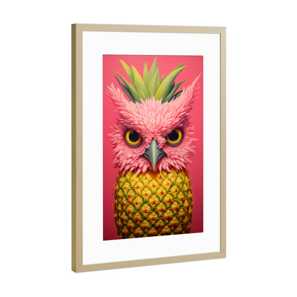 Poster mit Rahmen Gold "Ananas-Eule Küchenposter" artboxONE - Tiere,Essen & Trinken,Lustig