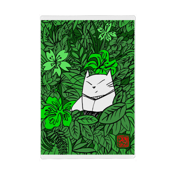 Metall Poster "Momoneko - Dschungel" artboxONE - Tiere,Lustig - Momoneko,Katze,Samurai,Sumie,Japan - Blechschild