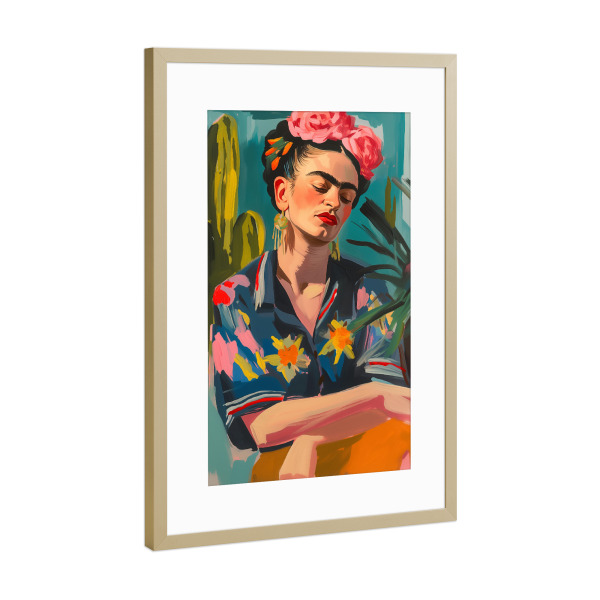 Poster mit Rahmen Gold "Frida's Floral Fiesta" artboxONE - Floral,Menschen,Fashion