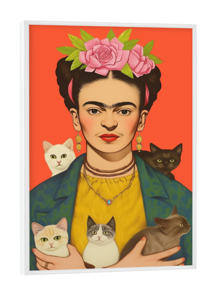 Poster mit weißem Rahmen "Kahlo's Katzenliebe" artboxONE - Floral,Tiere,Menschen