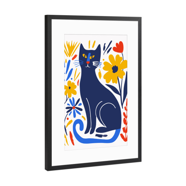 Poster mit Rahmen Schwarz (Metallic) "Cat With Flowers yellow" artboxONE - Tiere,Abstrakt