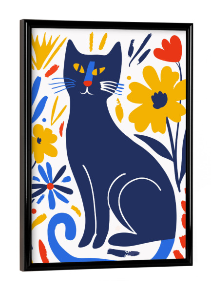 Poster mit schwarzem Rahmen "Cat With Flowers yellow" artboxONE - Tiere,Abstrakt