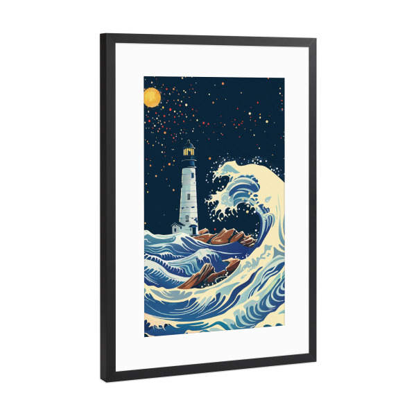 Poster mit Rahmen Schwarz (Metallic) "Lighthouse and big wave" artboxONE - Reise,Reise / Strand und Meer