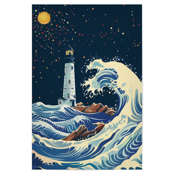 Poster "Lighthouse and big wave" artboxONE - Reise,Reise / Strand und Meer - Japanese,Big wave,Lighthouse,Night,Sea,Wave,Illustration,Vector art