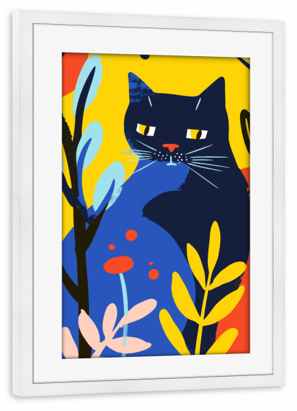 Poster mit Rahmen weiß "Black Cat In The Forest" artboxONE - Tiere,Abstrakt