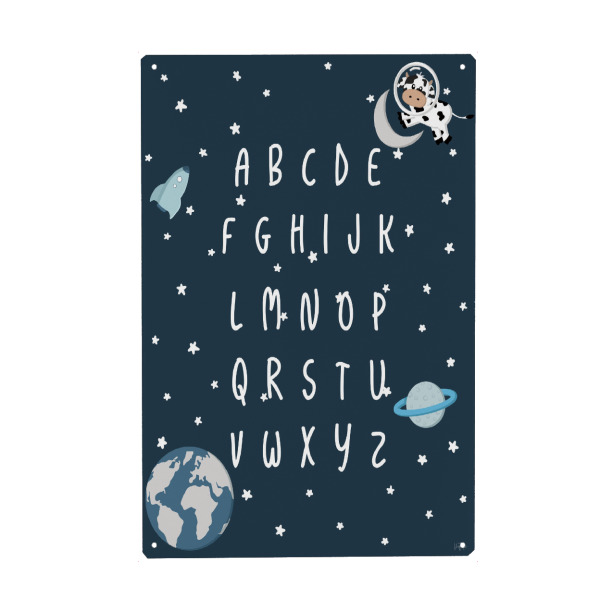 Holzbild "Weltraumkuh-Alphabet" artboxONE - Für Kinder,Tiere,Buchstaben - Kuh,Buchstaben,Alphabet,Weltraum,Erde,Rakete,Kinder,Kinderzimmer