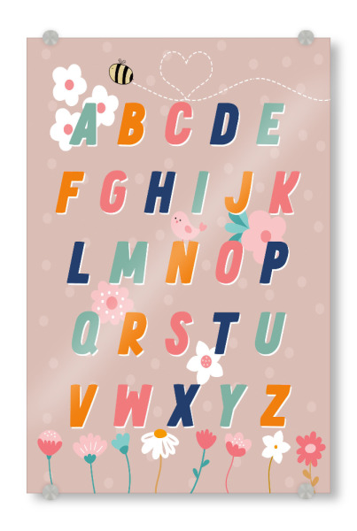 Acrylglasbild "Blumenalphabet" artboxONE - Natur,Für Kinder,Buchstaben - Alphabet,Buchstaben,Biene,Vogel,Blumen,Rosa