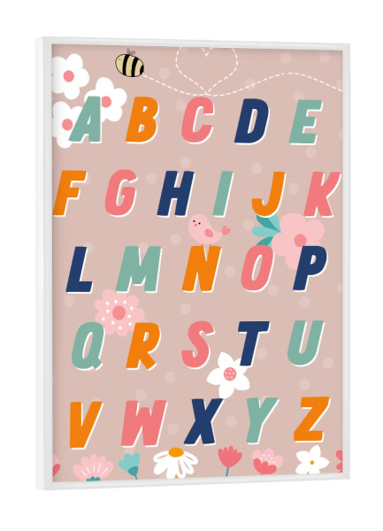 Poster mit weißem Rahmen "Blumenalphabet" artboxONE - Natur,Für Kinder,Buchstaben - Alphabet,Buchstaben,Biene,Vogel,Blumen,Rosa