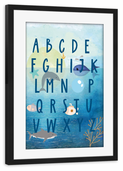 Poster mit Rahmen schwarz "Unterwasser-Alphabet" artboxONE - Natur,Für Kinder,Buchstaben - Ozean,Küste,Alphabet,Wal,Delphin