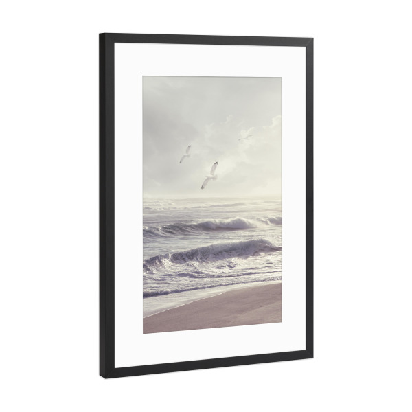 Poster mit Rahmen Schwarz (Metallic) "Den Wind einfangen" artboxONE - Tiere,Reise / Strand und Meer - Vögel,Strand,Küste,Küste,Meer