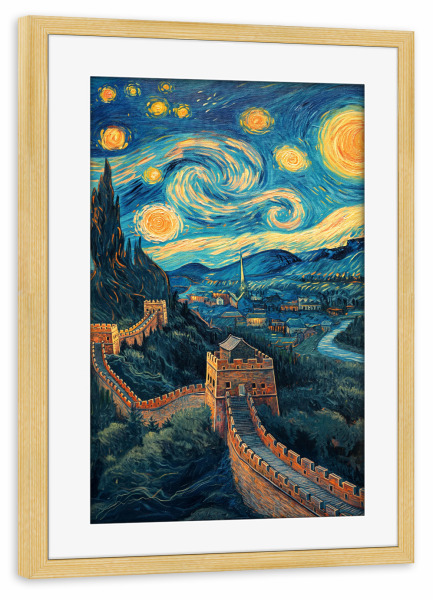 Poster mit Rahmen kiefer "Chinesische Mauer - Van Gogh" artboxONE - Reise,Architektur