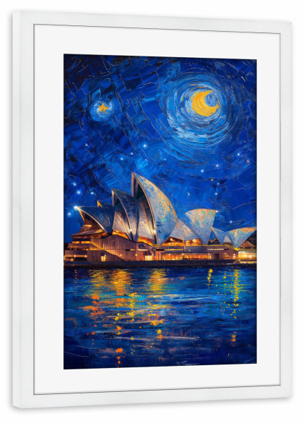 Poster mit Rahmen weiß "Sydneys Opernhaus - Van Gogh" artboxONE - Städte,Reise,Architektur,Städte / Sydney
