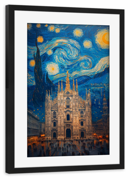Poster mit Rahmen schwarz "Mailänder Dom - Van Gogh" artboxONE - Reise,Schwarzweiß,Architektur,Städte / Mailand