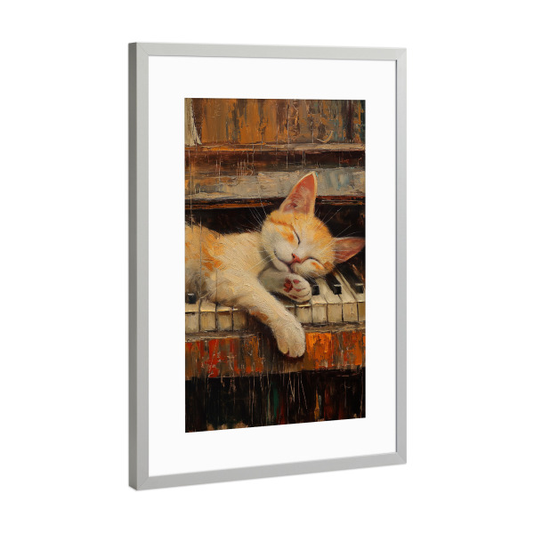 Poster mit Rahmen Silber "Katze auf dem Klavier" artboxONE - Tiere,Musik - Katze,Klavier,Schläft,Musik,Instrument,Süß,Tier,Ki