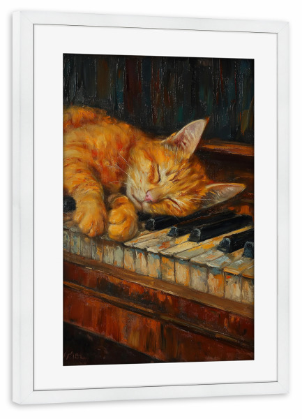 Poster mit Rahmen weiß "Katze schläft auf dem Klavier" artboxONE - Tiere,Musik - Katze,Tier,Klavier,Schlafen,Malerei,Ki,Süß,Musik,Instrument