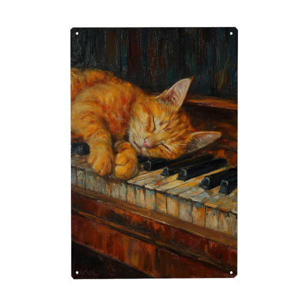Metall Poster "Katze schläft auf dem Klavier" artboxONE - Tiere,Musik - Katze,Tier,Klavier,Schlafen,Malerei,Ki,Süß,Musik,Instrument - Blechschild