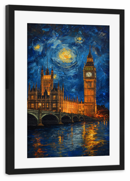 Poster mit Rahmen schwarz "Big Ben im Stil von Van Gogh" artboxONE - Städte / London,Reise,Architektur